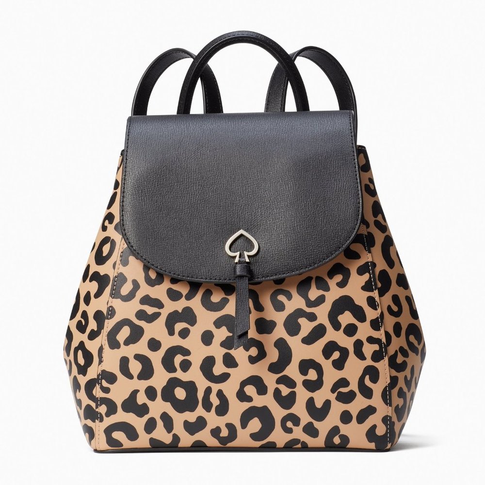 New Kate Spade Adel Leopard Print Medium Flap Backpack Leather Neutral Multi